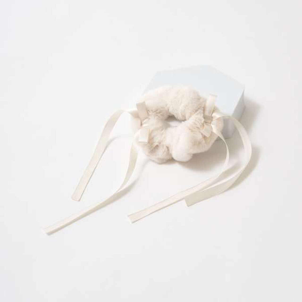 Ribbon-Trimmed Faux Fur Scrunchie,Beige, large image number 2