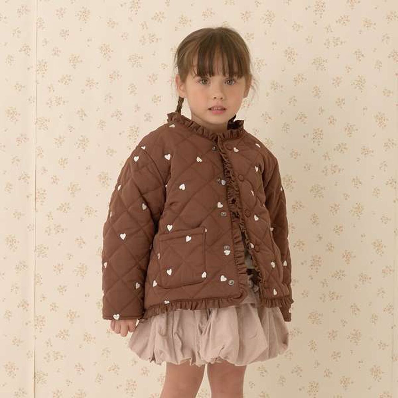 Collarless Heart Embroidered Blouson,Dark brown, large image number 0