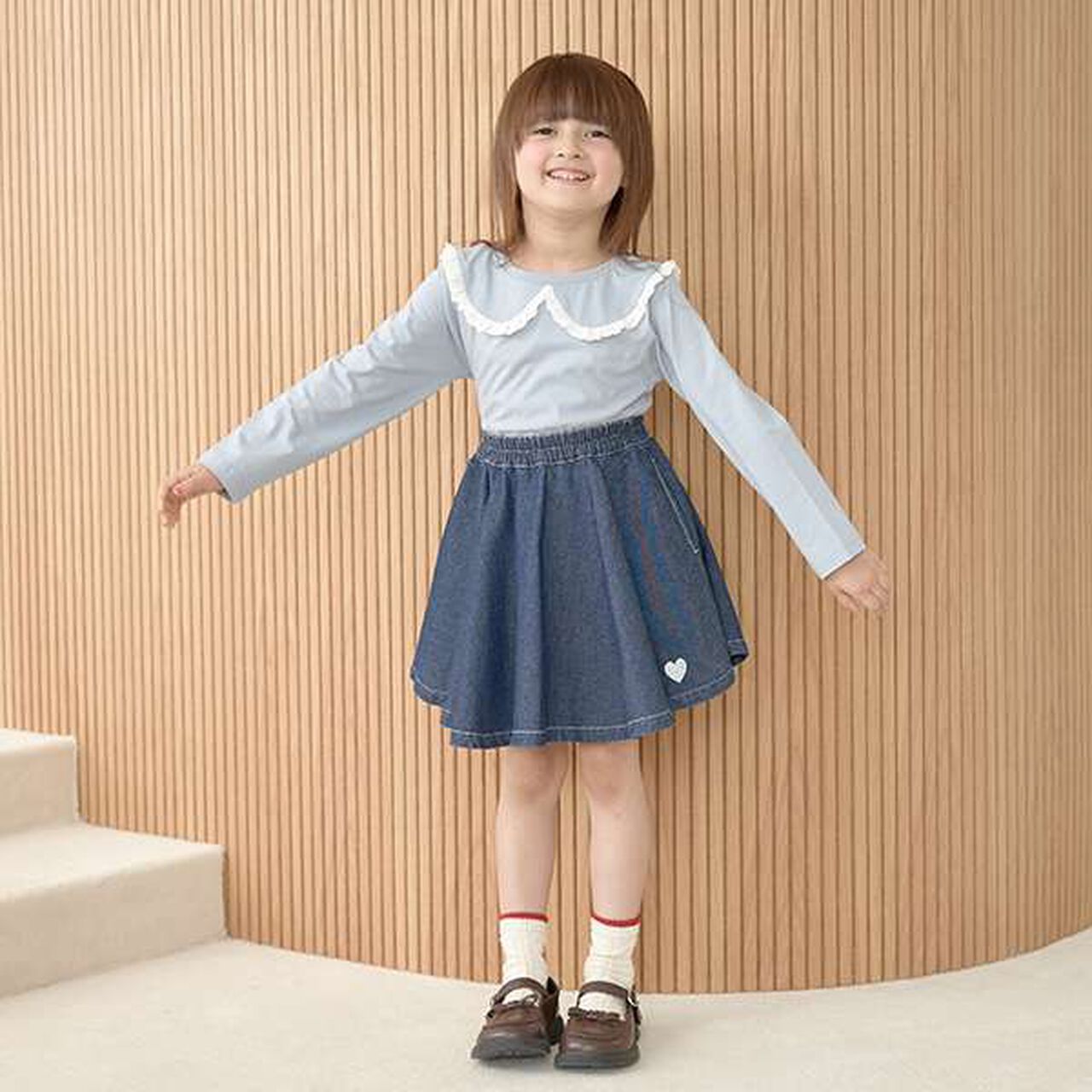 Soft Denim Heart Embroidery Flare Skirt,Blue, large image number 4