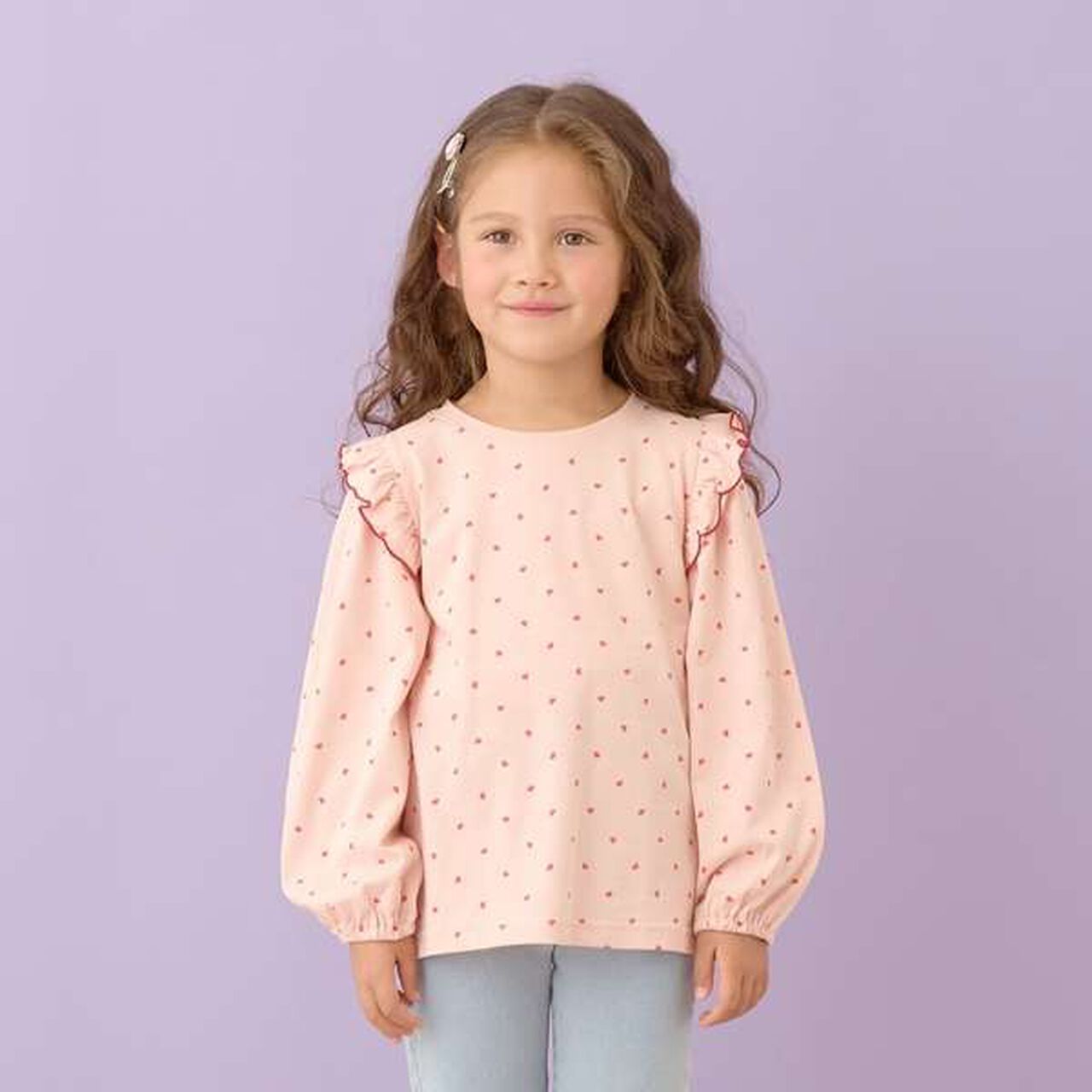 Non-Deforming Frill Sleeve Patterned T-Shirt,Pink, large image number 0