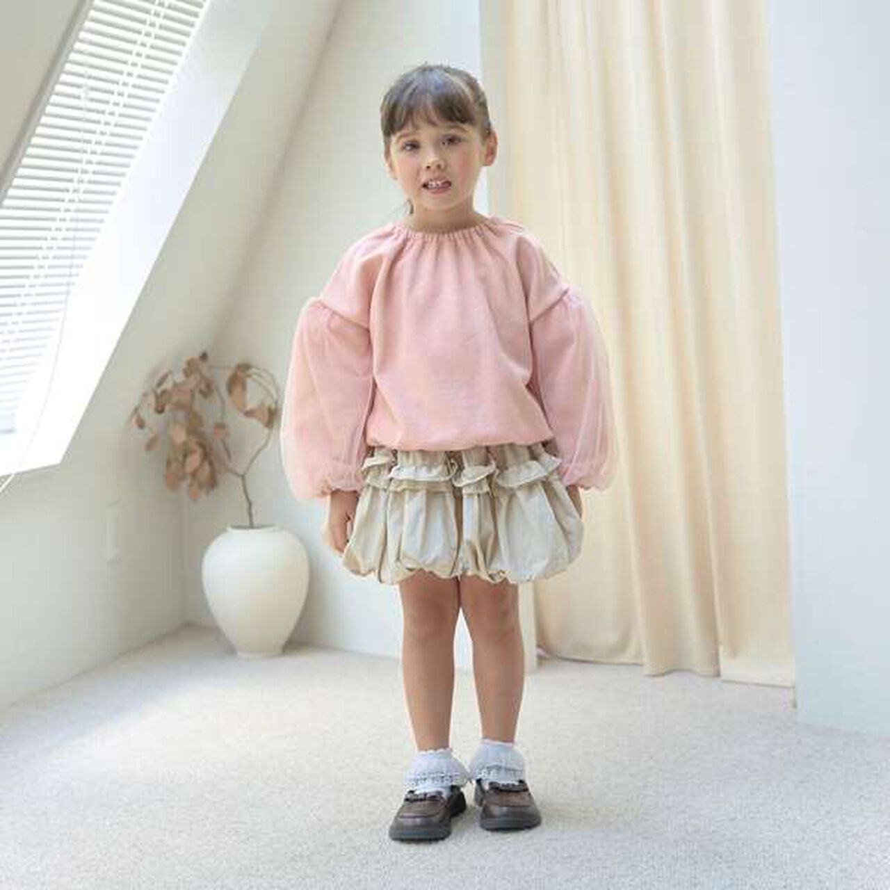 Wool Lined Tulle Sleeve Pullover,Off white, large image number 5