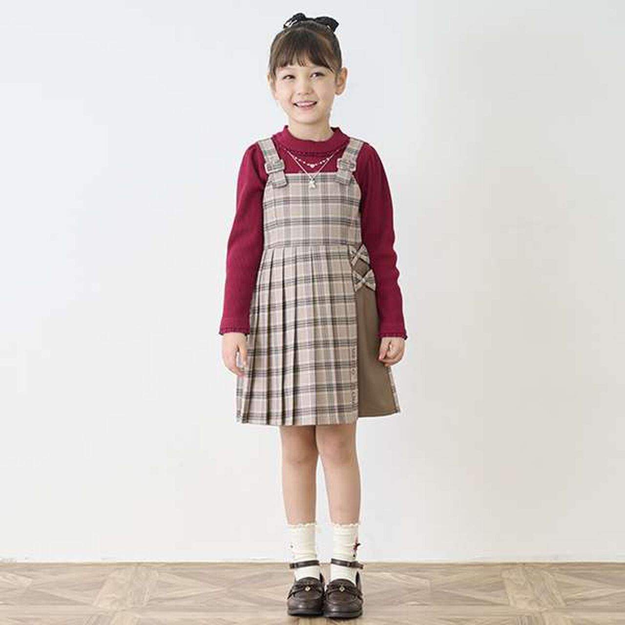 Check Pleated Jumper Skirt,Beige, large image number 6