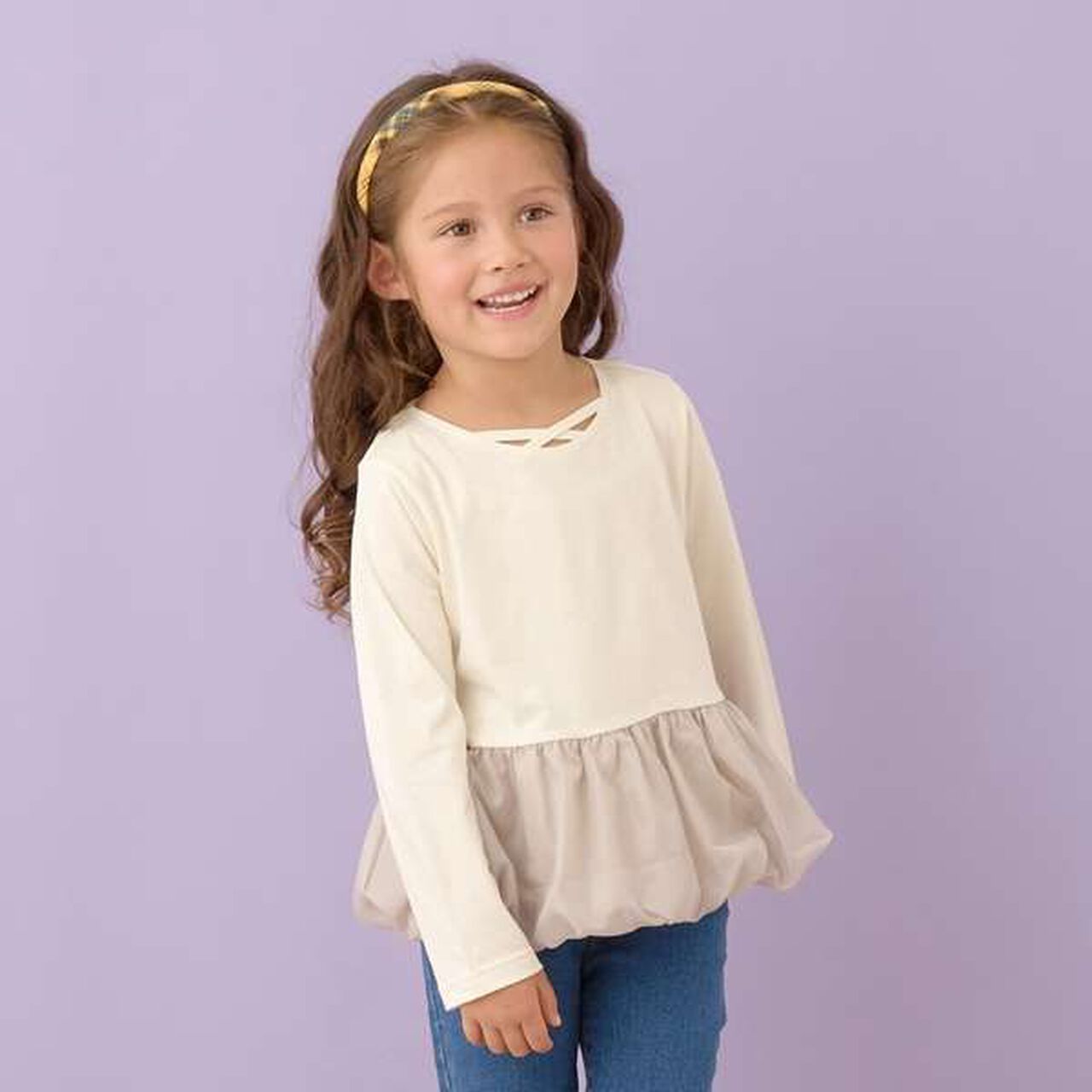 Non-Deforming Neck Balloon Peplum T-Shirt,Ivory, large image number 0