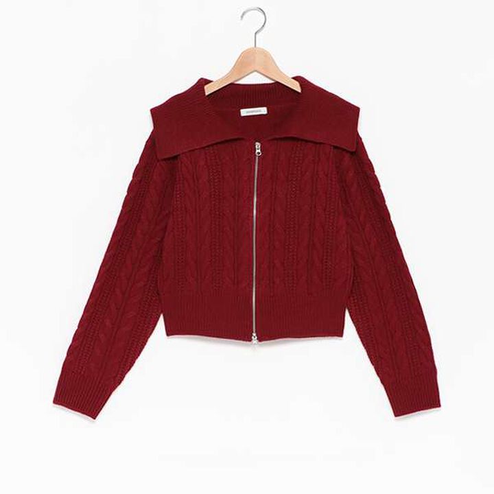 Washable Cable Knit Zip Cardigan,Wine red, medium image number 17