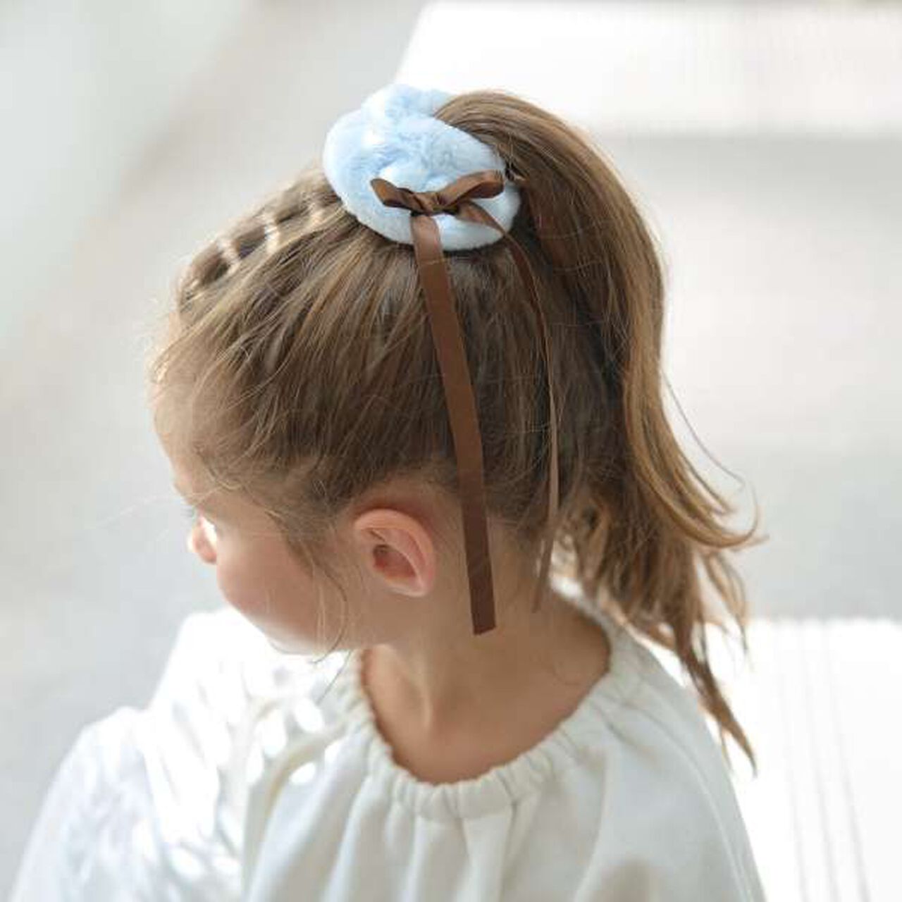 Ribbon-Trimmed Faux Fur Scrunchie,Beige, large image number 9
