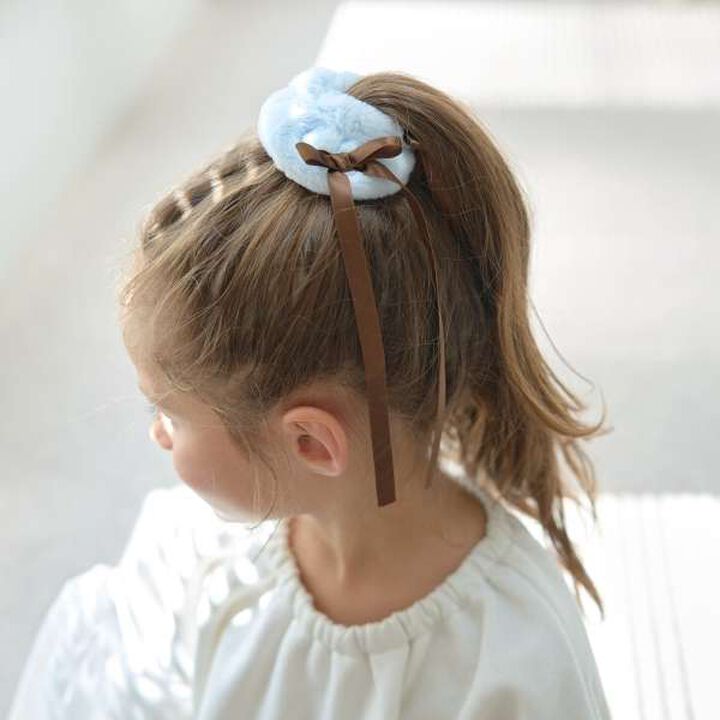 Ribbon-Trimmed Faux Fur Scrunchie,Beige, medium image number 9
