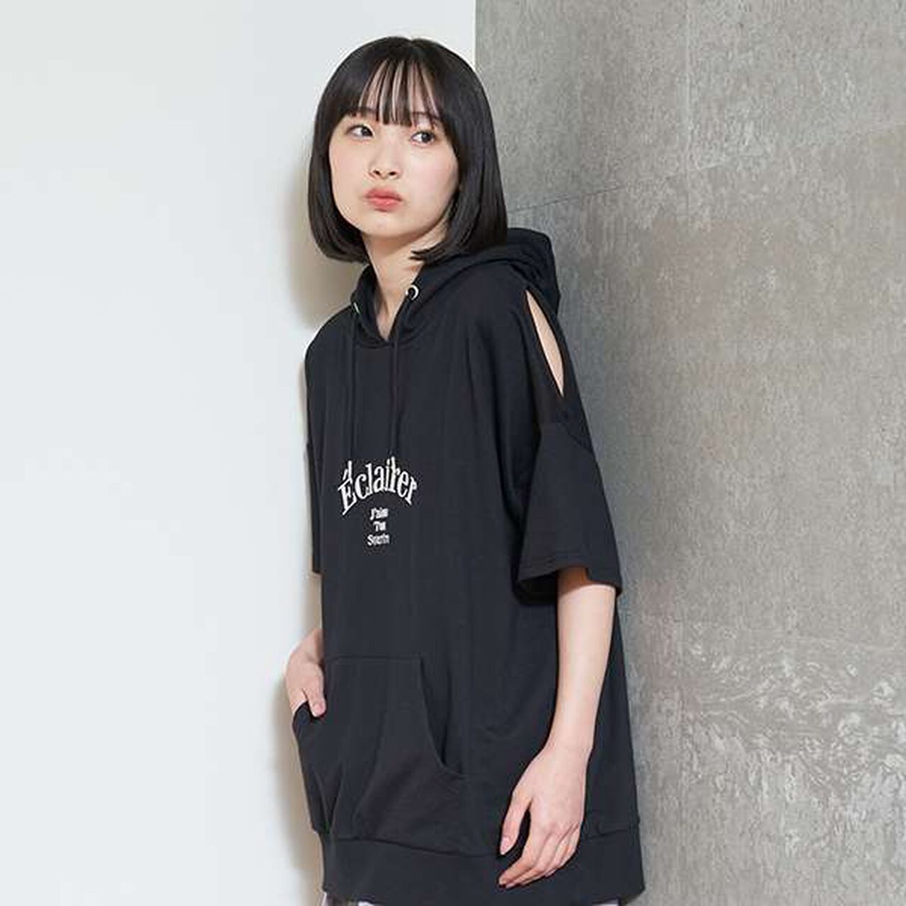 Open-Shoulder Loose Short Sleeve T-Park,Black, large image number 8