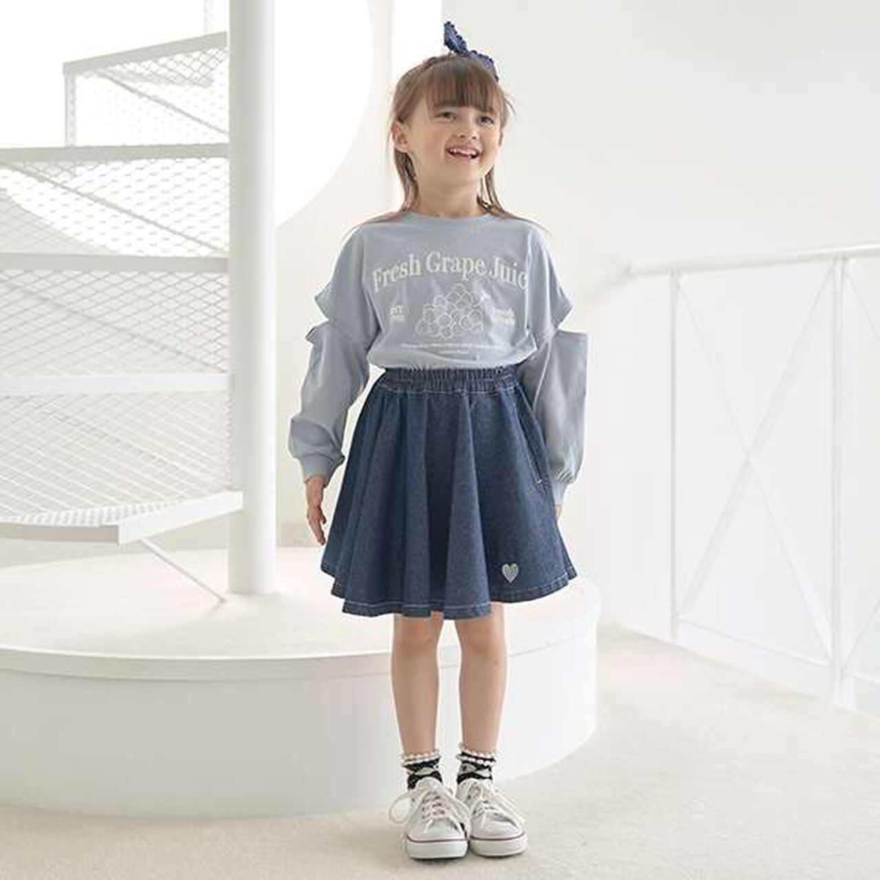 Soft Denim Heart Embroidery Flare Skirt,Blue, large image number 2