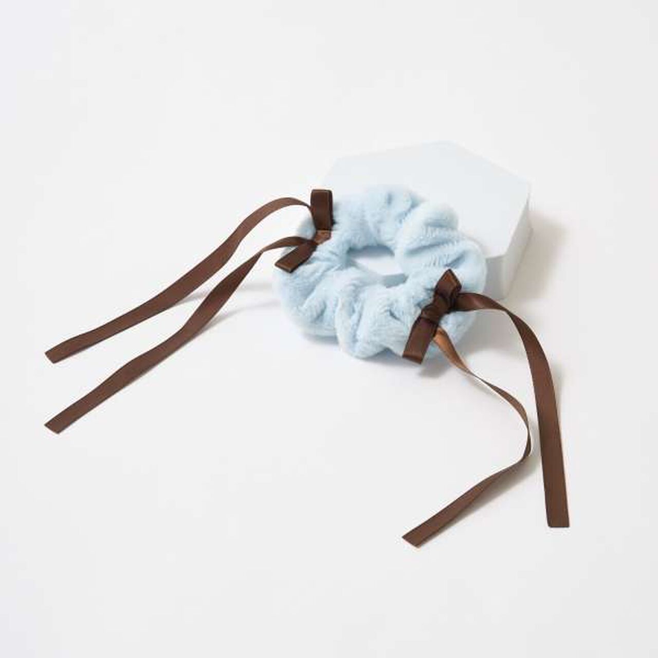 Ribbon-Trimmed Faux Fur Scrunchie,Beige, large image number 5