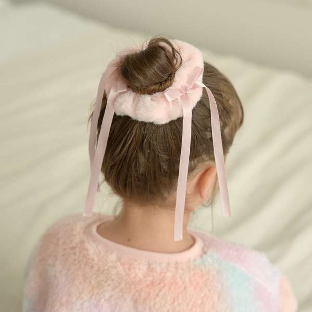 Ribbon-Trimmed Faux Fur Scrunchie,Beige, large image number 8