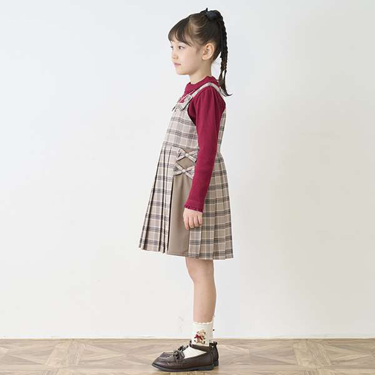 Check Pleated Jumper Skirt,Beige, large image number 3