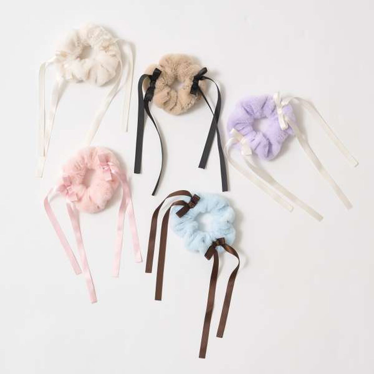Ribbon-Trimmed Faux Fur Scrunchie,Beige, large image number 1