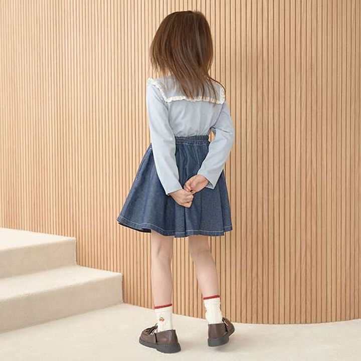 Soft Denim Heart Embroidery Flare Skirt,Blue, medium image number 5
