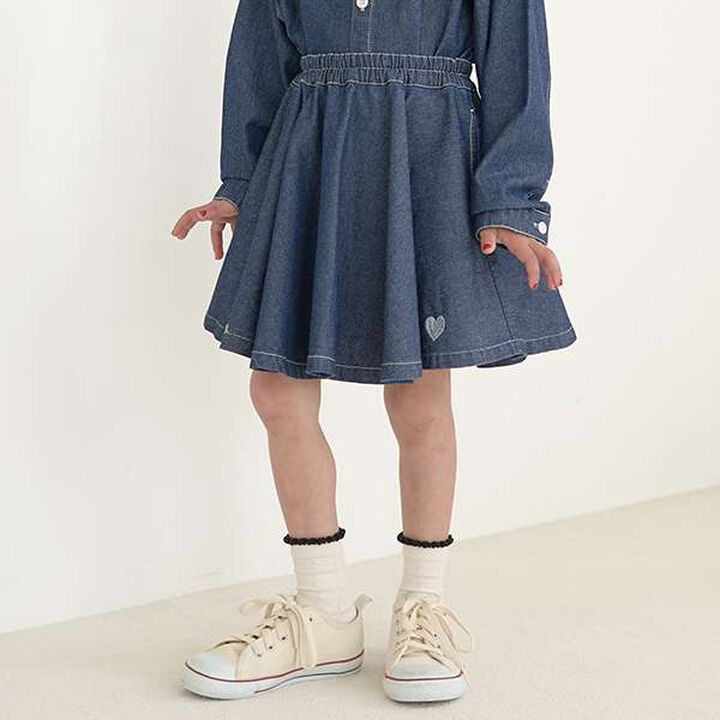 Soft Denim Heart Embroidery Flare Skirt,Blue, medium image number 0