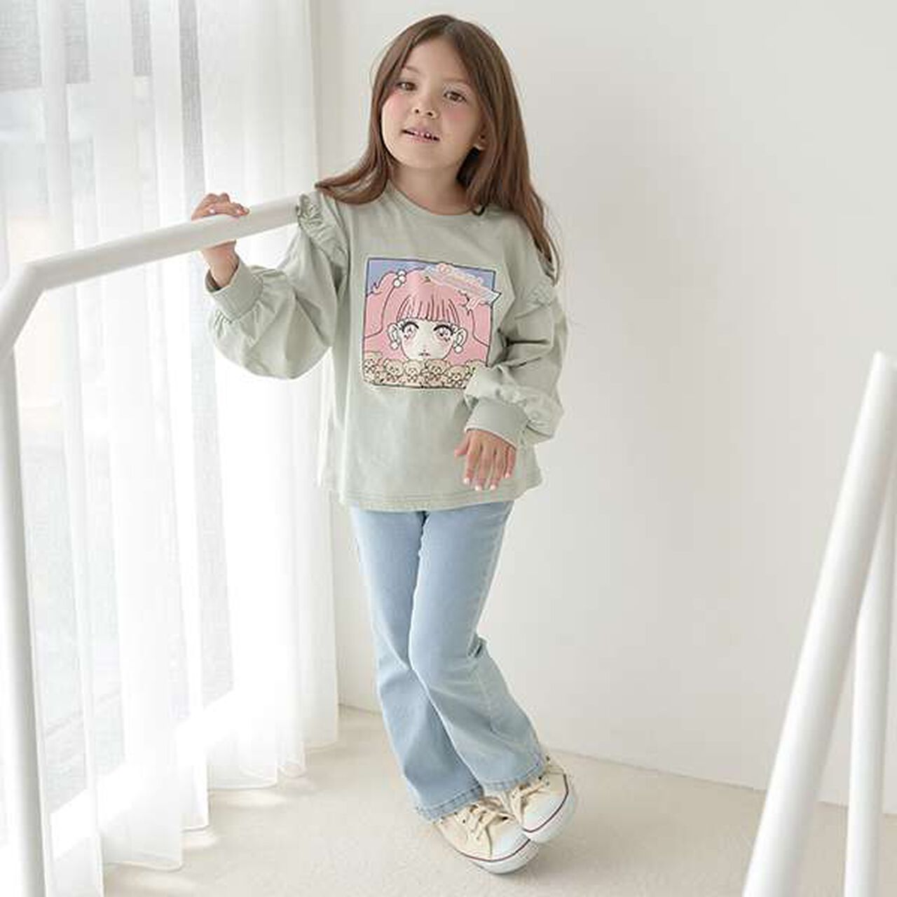 Non-Deforming Girls' Frill Big T-Shirt,Black, large image number 2