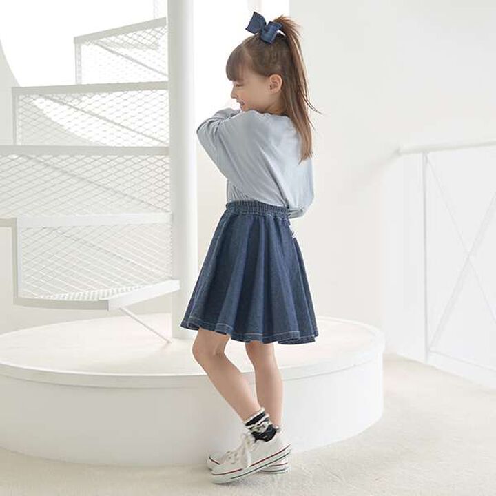 Soft Denim Heart Embroidery Flare Skirt,Blue, medium image number 3