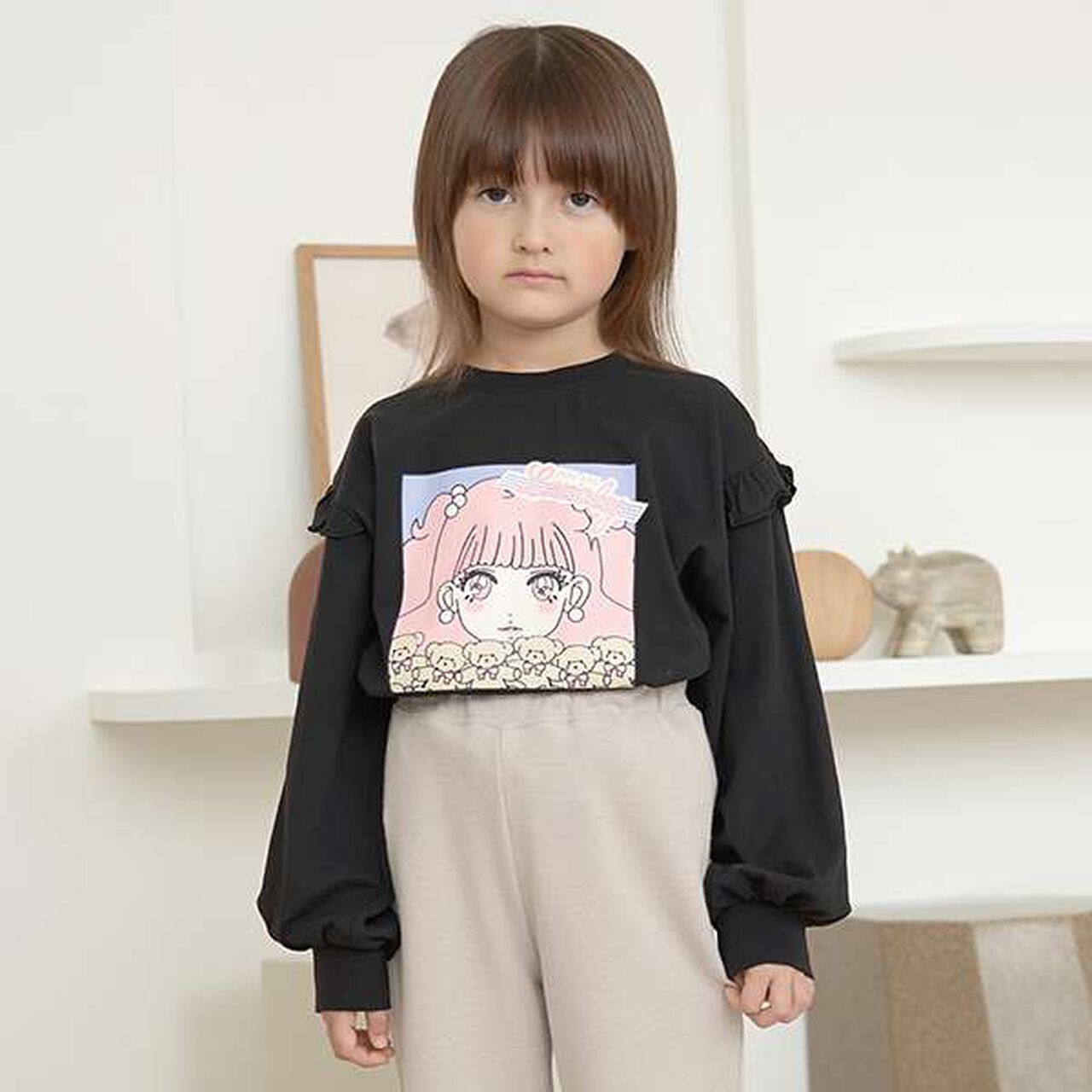 Non-Deforming Girls' Frill Big T-Shirt,Black, large image number 4