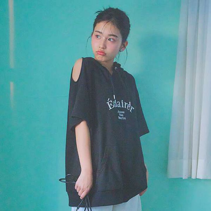 Open-Shoulder Loose Short Sleeve T-Park,Black, medium image number 6