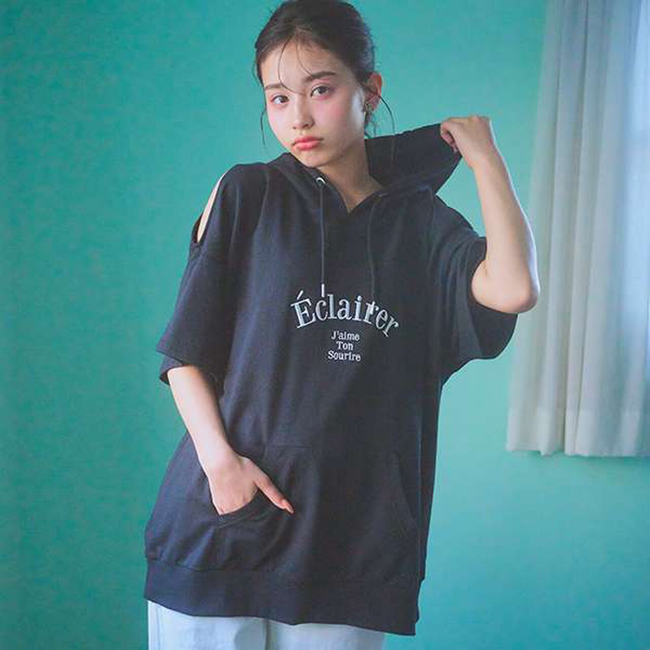 Open-Shoulder Loose Short Sleeve T-Park,Black, large image number 0