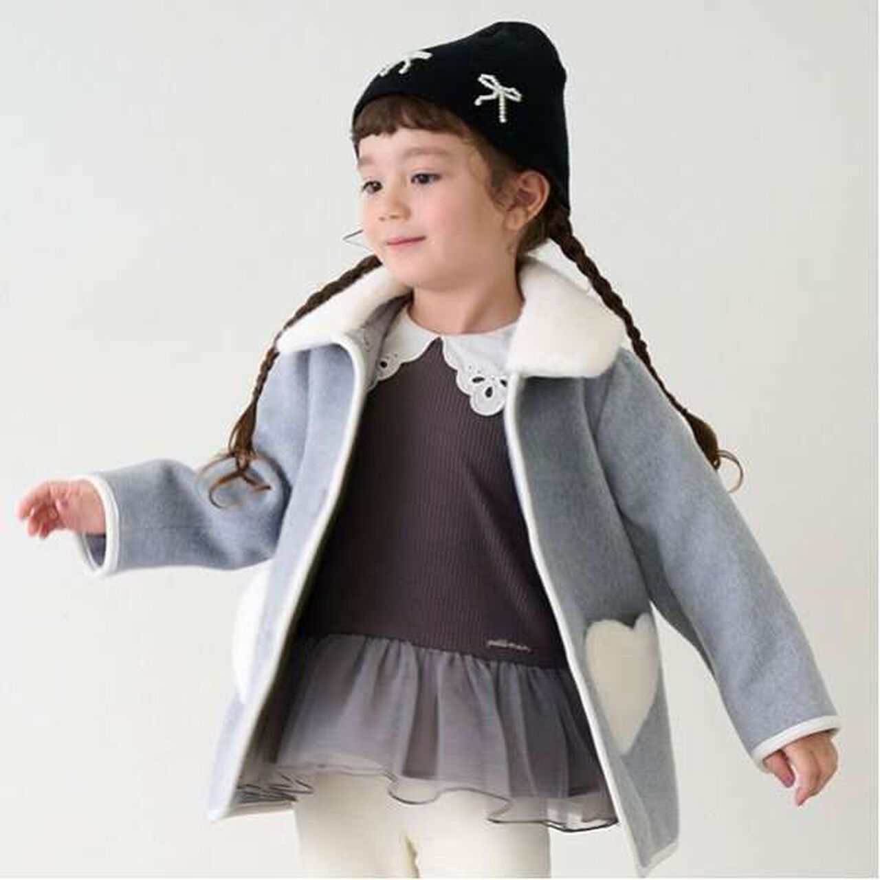 Faux Fur Collar Heart Pocket Coat,Gray, large image number 0