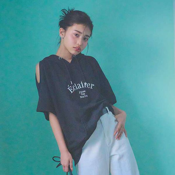 Open-Shoulder Loose Short Sleeve T-Park,Black, medium image number 4