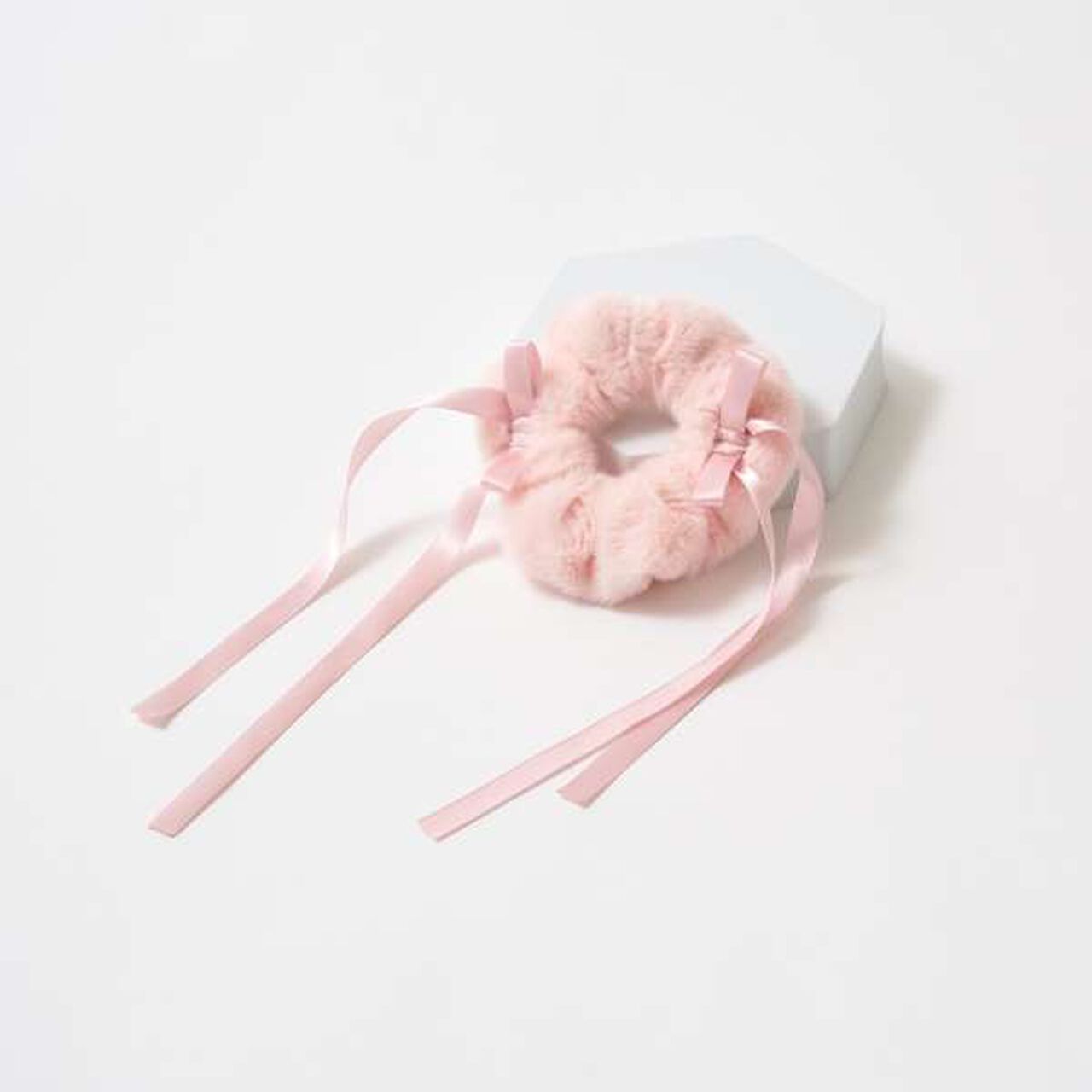 Ribbon-Trimmed Faux Fur Scrunchie,Beige, large image number 3