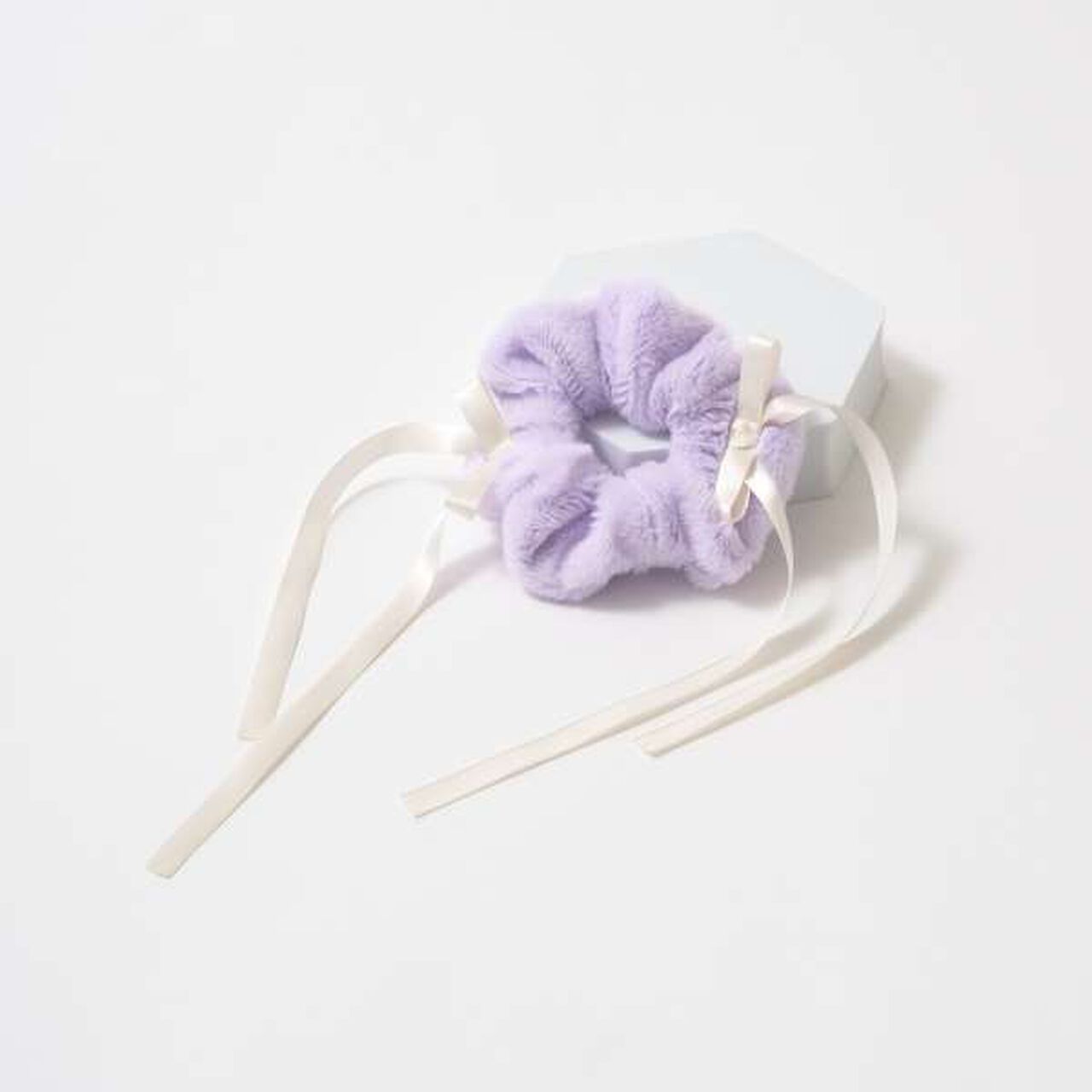 Ribbon-Trimmed Faux Fur Scrunchie,Beige, large image number 6