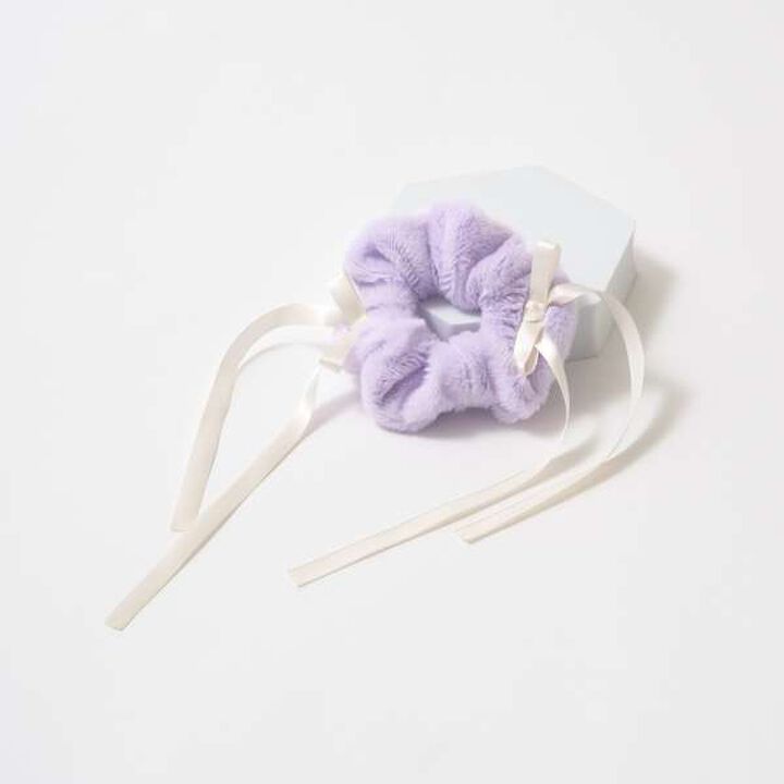 Ribbon-Trimmed Faux Fur Scrunchie,Beige, medium image number 6
